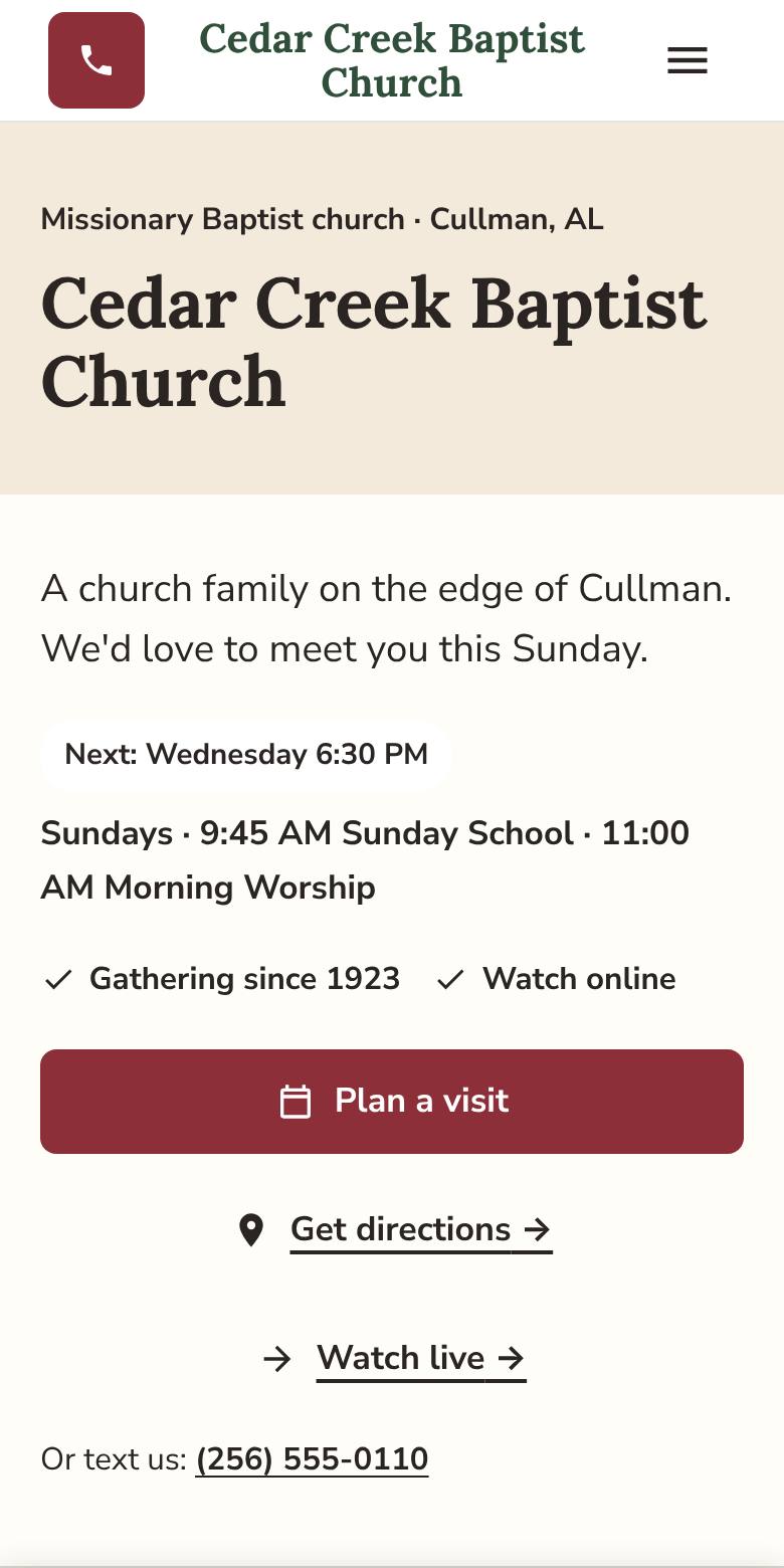 Phone screenshot of Cedar Creek Baptist Church, an example country church website