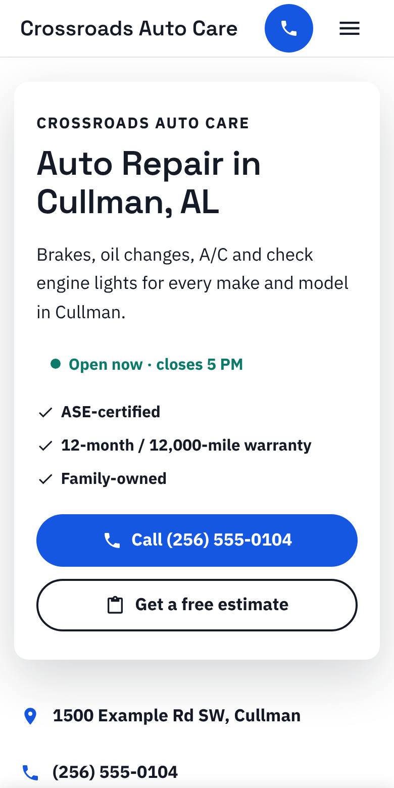 Phone screenshot of an example auto repair shop website