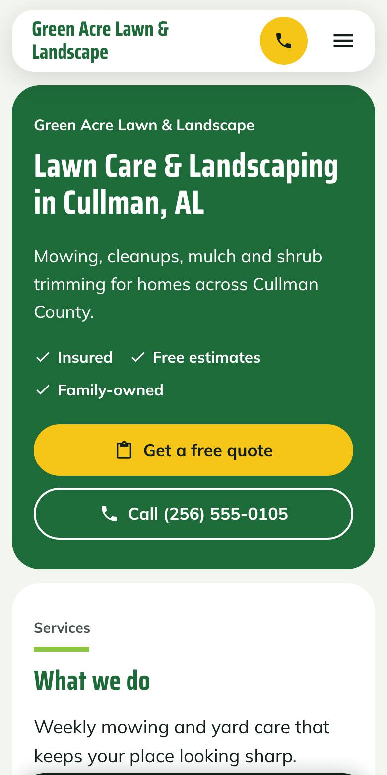 Phone screenshot of an example lawn care website