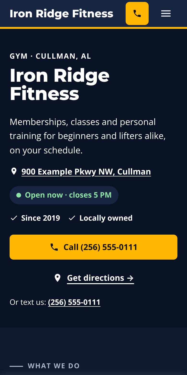 Phone screenshot of Iron Ridge Fitness, an example gym website