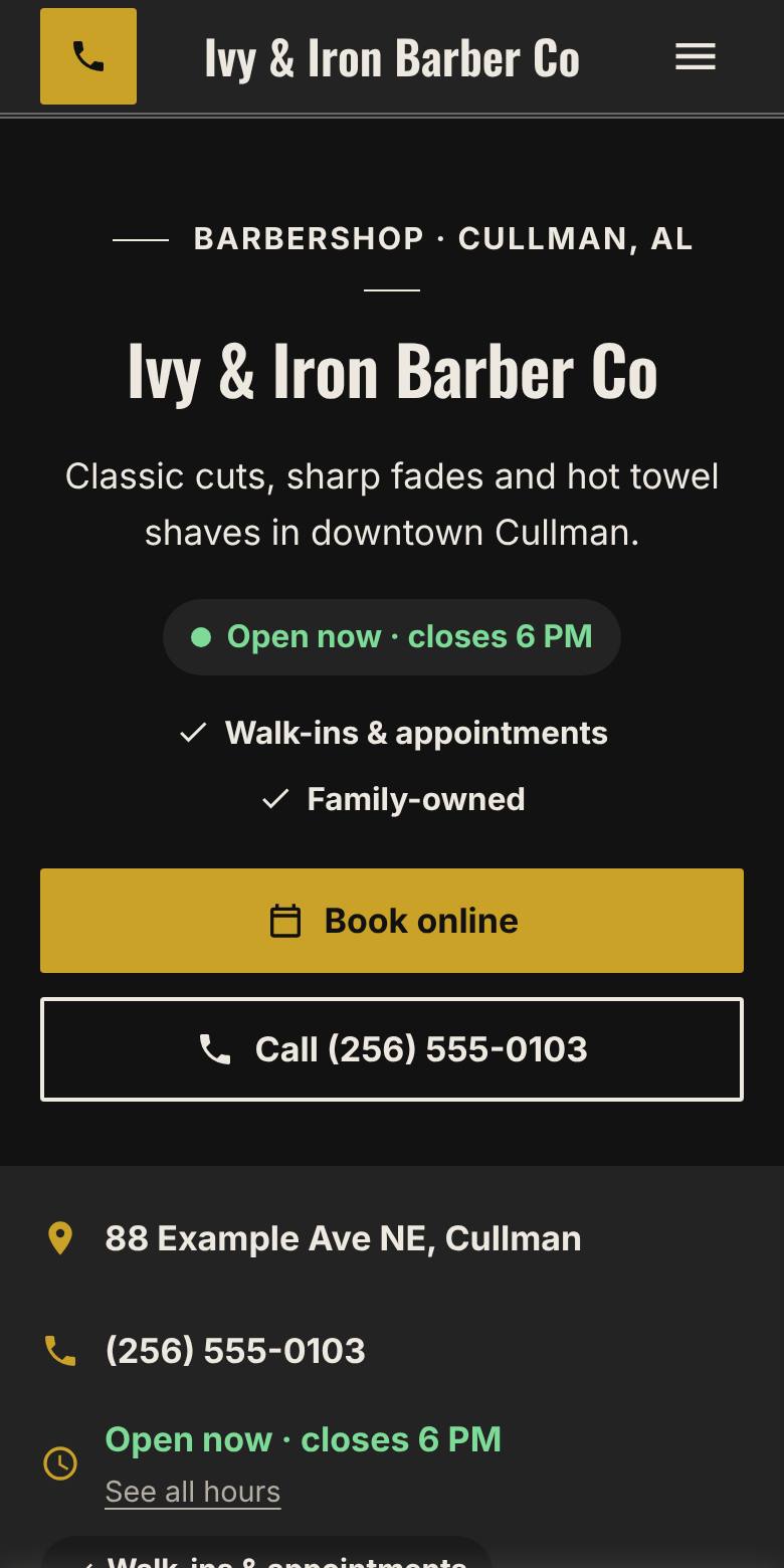 Phone screenshot of an example barbershop website