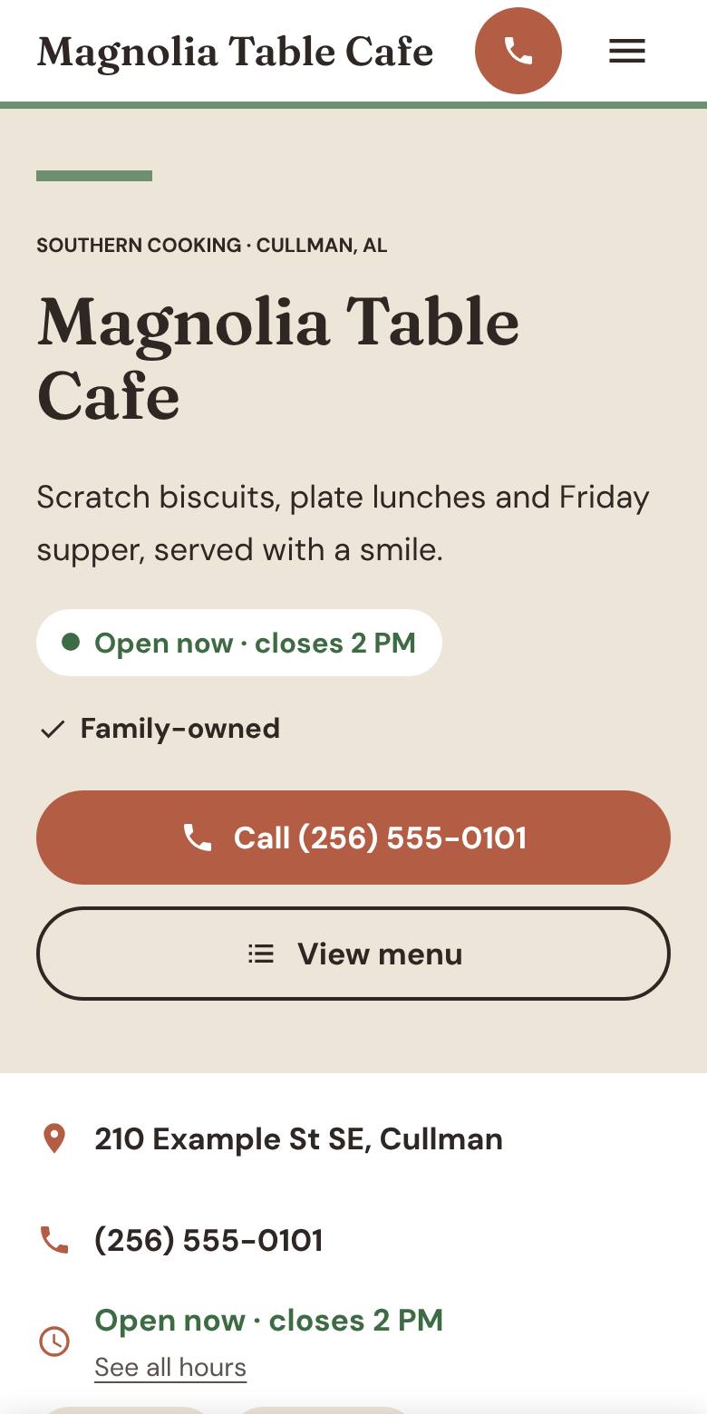 Phone screenshot of an example southern cafe website