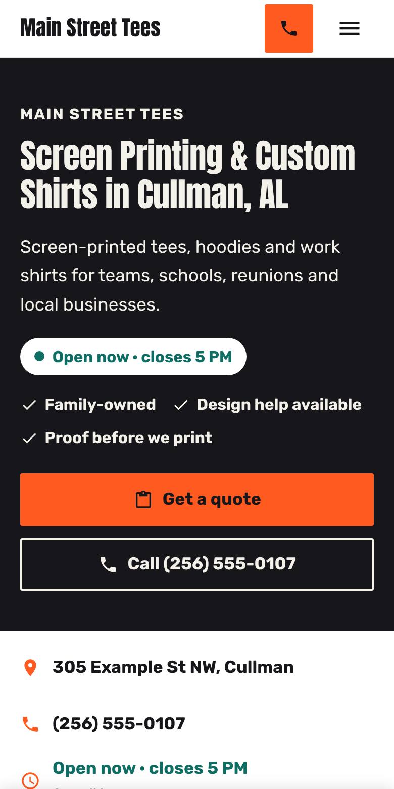 Phone screenshot of an example screen printing shop website