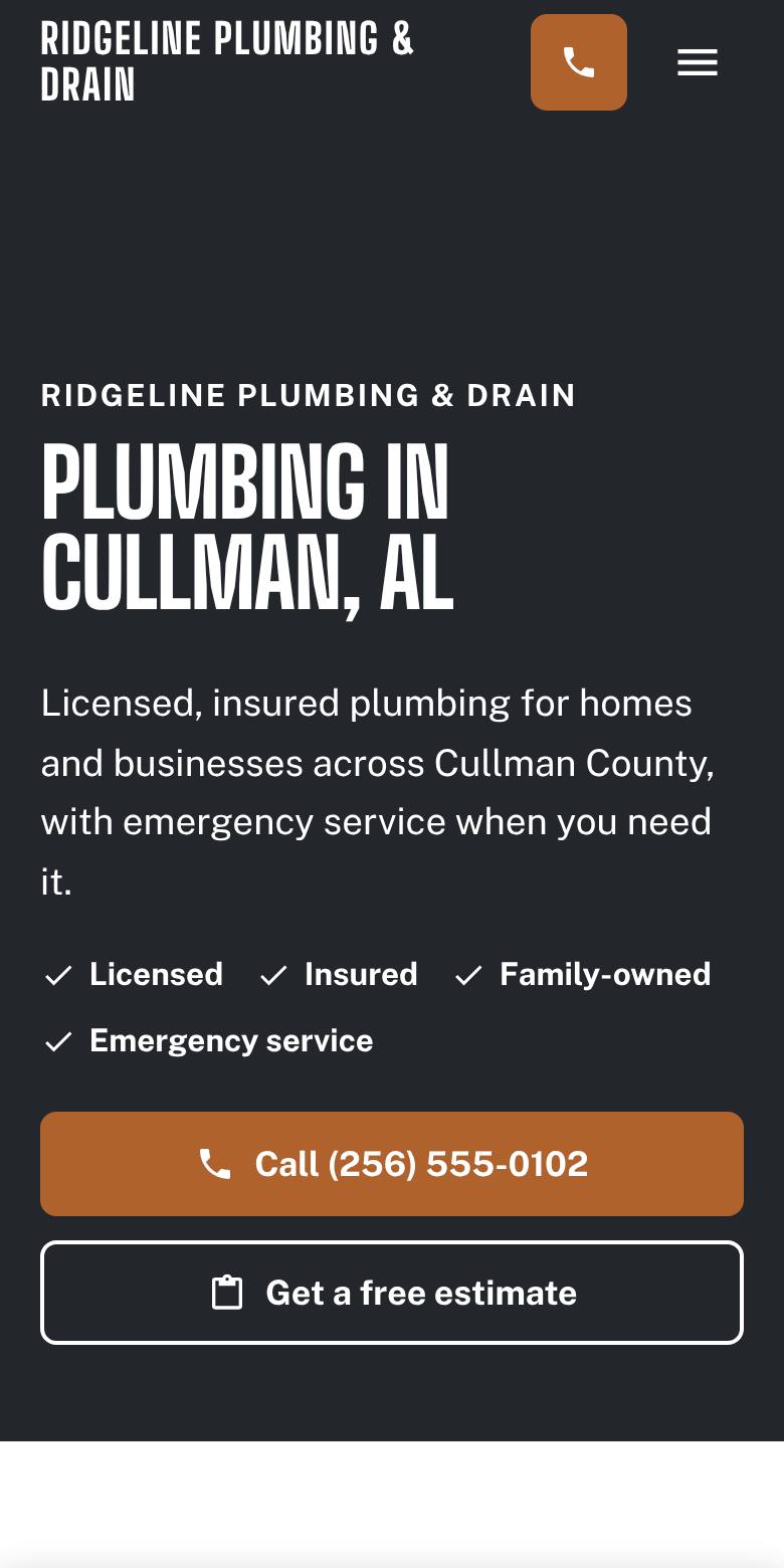 Phone screenshot of an example plumber website