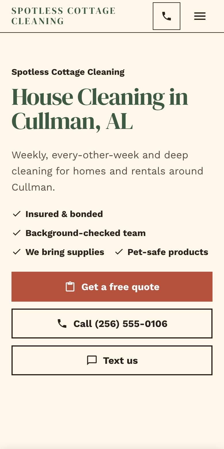 Phone screenshot of an example house cleaning website