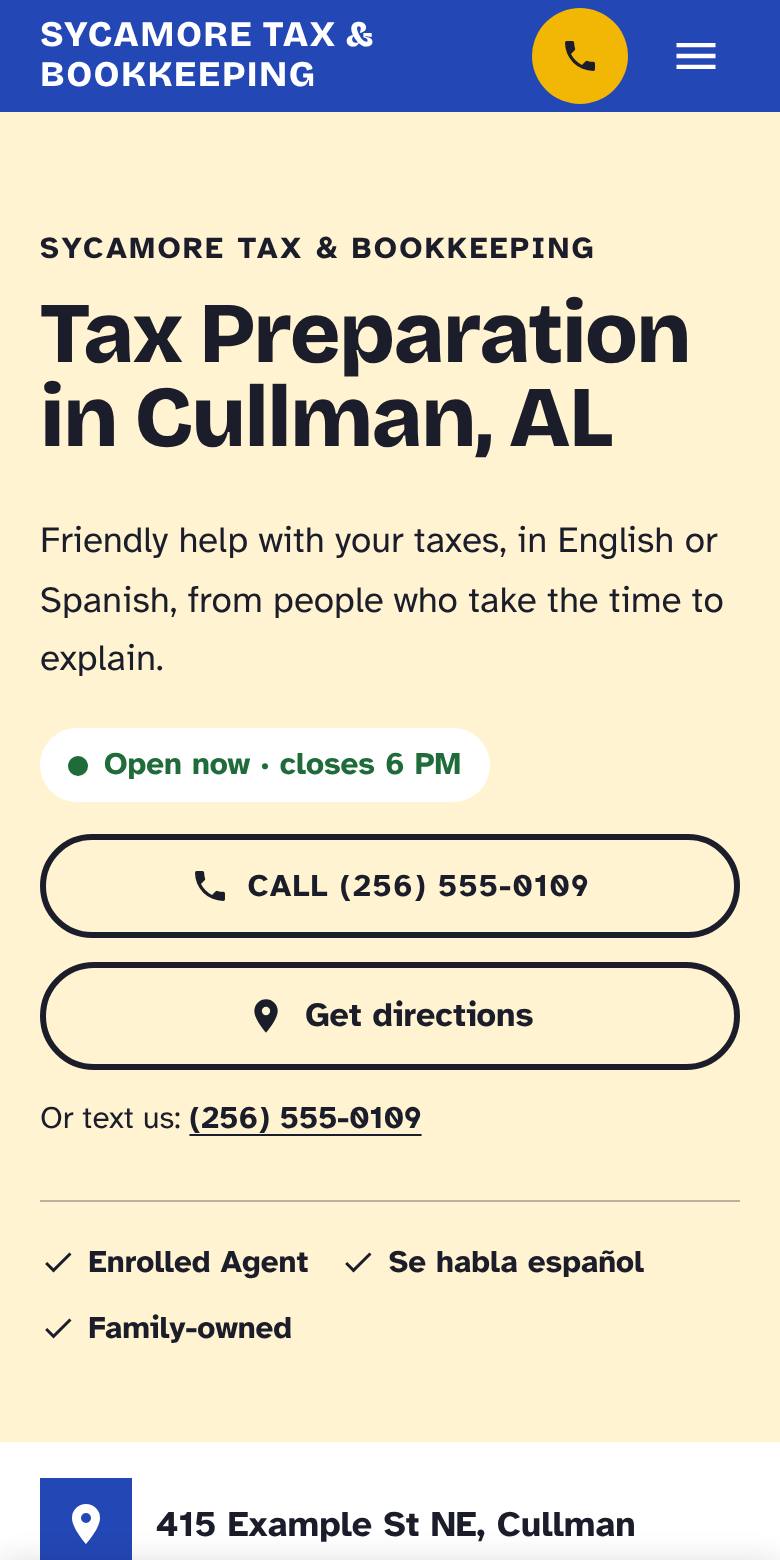 Phone screenshot of Sycamore Tax & Bookkeeping, an example tax office website
