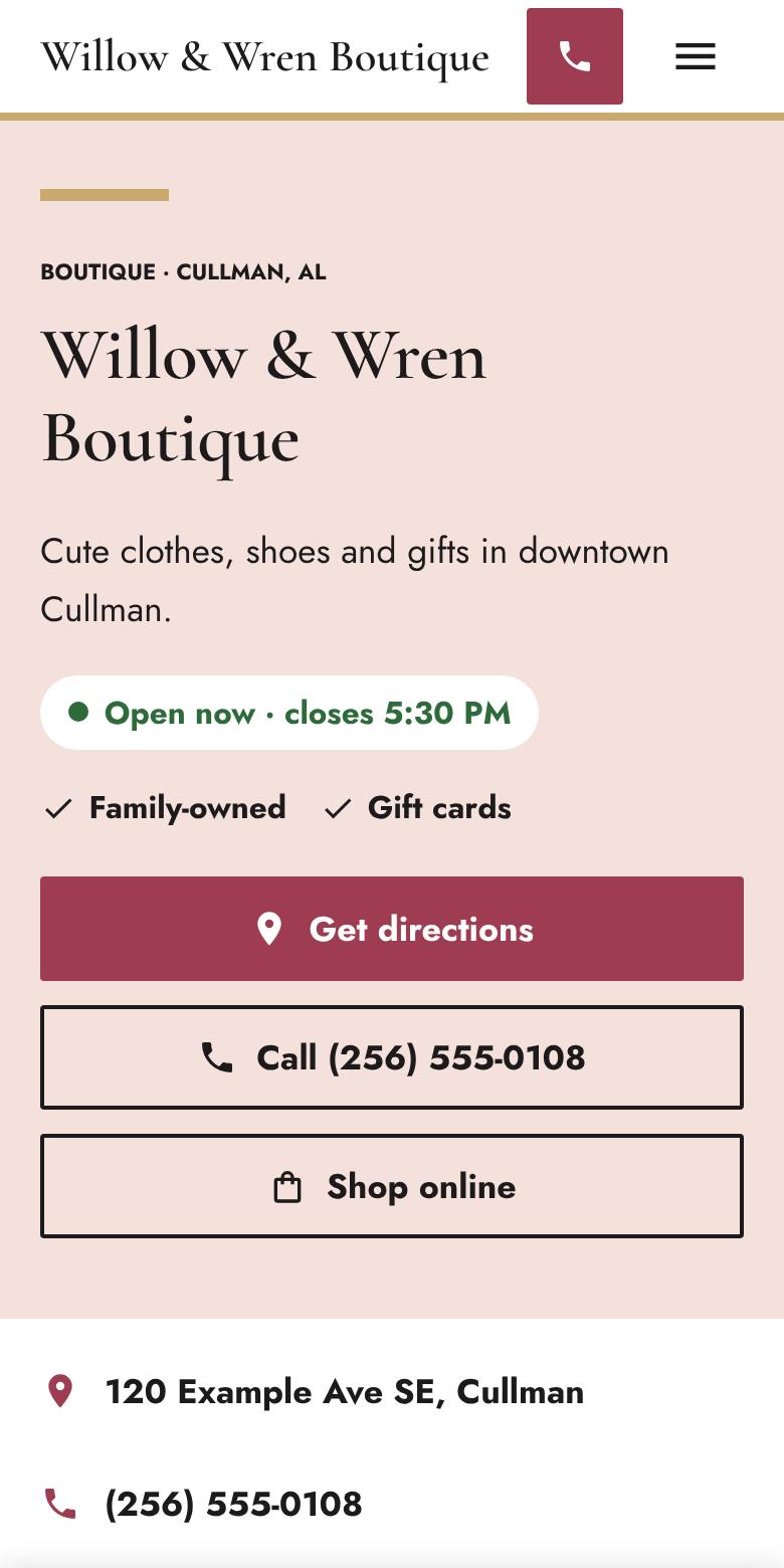 Phone screenshot of an example clothing boutique website